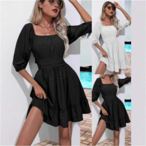 Women's Ruffle-trimmed Square-neck Lace-up Dress