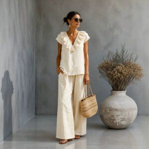 Women's V-neck Ruffled Hem Wide-leg Pants Set