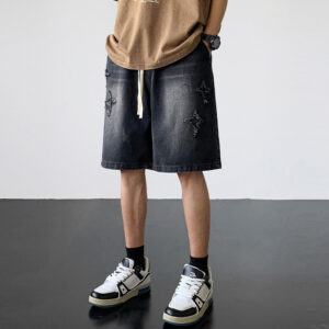 Men's Light-Colored Star-Print Raw-Hem Drawstring Cropped Denim Shorts