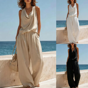 Womens Sleeveless Boat-Neck Top And Wide-Leg Pants Set