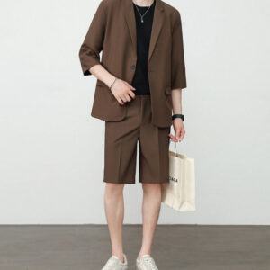 Thin Short-Sleeve Suit Mens Casual Cropped-Sleeve Jacket Half-Sleeve Suit Set