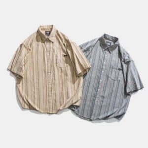 Japanese Style Striped Vintage Short Sleeve Shirt For Men
